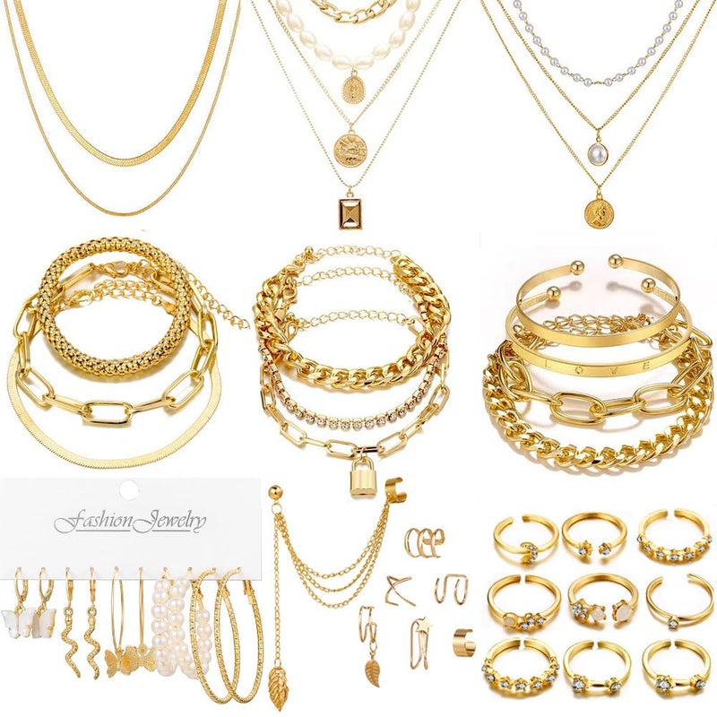CONGYING 34 PCS Gold Color Jewelry Set with 3 PCS Necklace, 10 PCS Bracelet, 12PCS Ear Cuffs Earring, 9 Pcs Knuckle Rings For Women Valentine Anniversary - Image 1