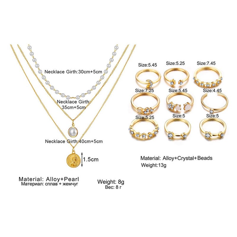 CONGYING 34 PCS Gold Color Jewelry Set with 3 PCS Necklace, 10 PCS Bracelet, 12PCS Ear Cuffs Earring, 9 Pcs Knuckle Rings For Women Valentine Anniversary - Image 3