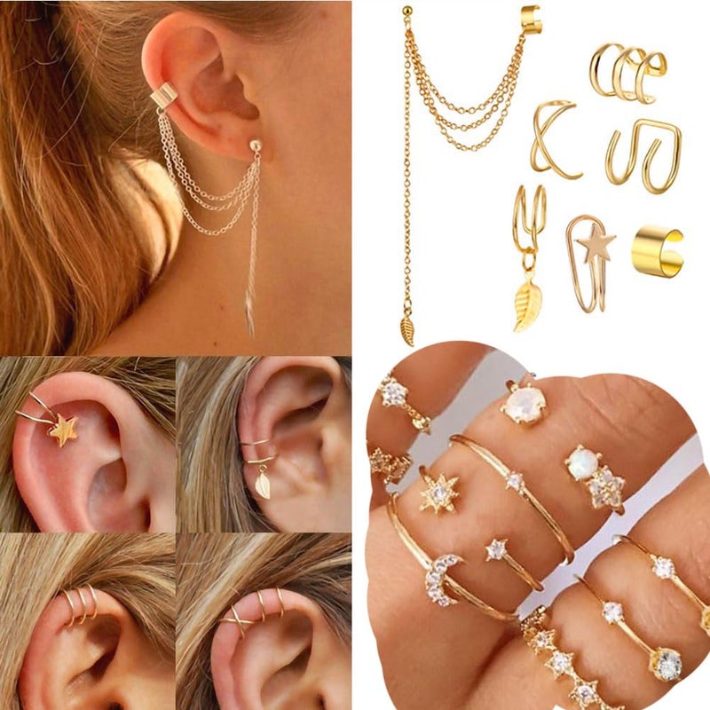 CONGYING 34 PCS Gold Color Jewelry Set with 3 PCS Necklace, 10 PCS Bracelet, 12PCS Ear Cuffs Earring, 9 Pcs Knuckle Rings For Women Valentine Anniversary - Image 2