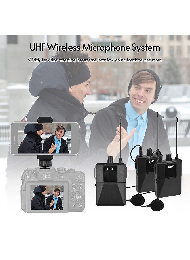 Uhf Wirless Microphone System With 2 Body-Pack Microphone Transmitters Receiver For Smartphone Camera Video Recording Interview Broadcast
