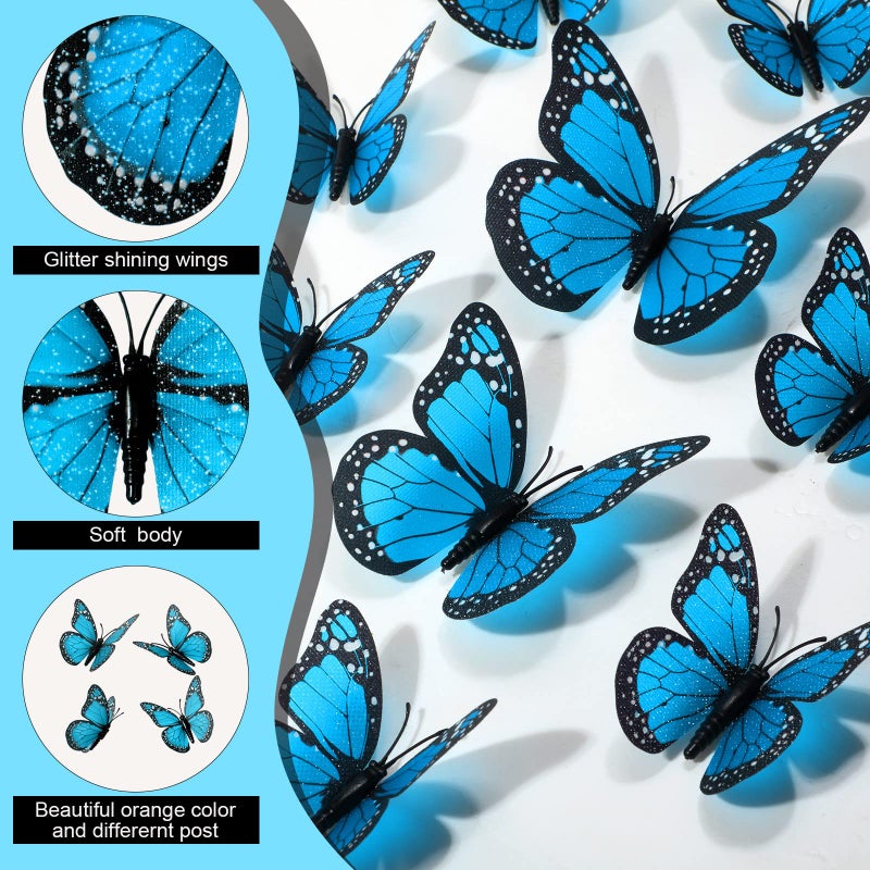 Chuangdi Monarch Butterfly Decoration 3 Size Fake Butterflies Realistic Butterfly Crafts Artificial Butterfly Wall Decor for Classroom Home Bedroom Birthday Party Decorations(Blue  48 Pack) - Image 3