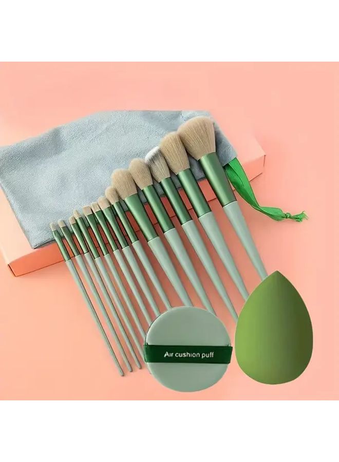 مجموعة فرش مكياج خضراء 13 قطعة مع إسفنجتين ناعمتين: أساس ومخفف في مجموعة واحدة - Image 1