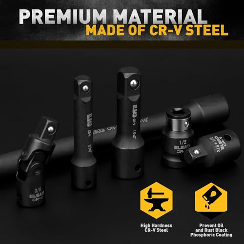 ELEAD 18-Pieces Impact Socket Extension Set: 1/4", 3/8" & 1/2" Drive Socket Extension Bar, Socket Adapter Set, Swivel Universal Joints & Impact Coupler - Image 4