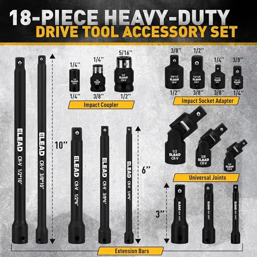 ELEAD 18-Pieces Impact Socket Extension Set: 1/4", 3/8" & 1/2" Drive Socket Extension Bar, Socket Adapter Set, Swivel Universal Joints & Impact Coupler - Image 2