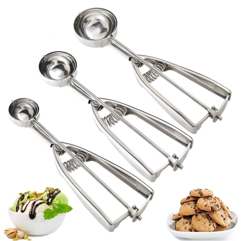 OSHLANT Ice Cream Scoop 3Pcs Cookie Scoop Set 18/8 Stainless Steel Cookie Dough Scoop Cookie Scoops For Baking Set Of 3 Ice Cream Scooper With Trigger Release Cookie Scooper For Baking Cupcake Scoop - Image 1