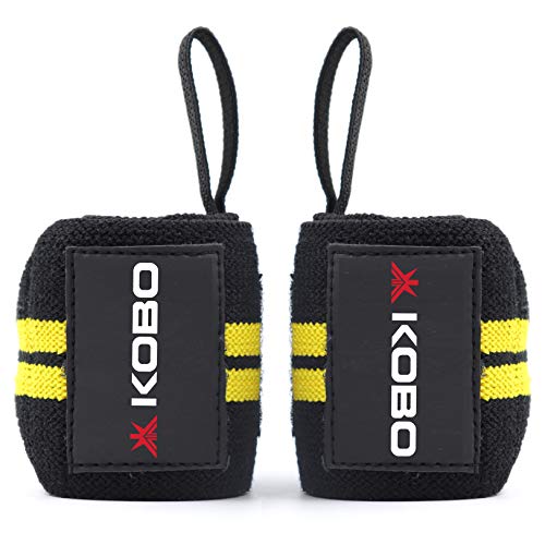 Kobo WTA-04 Black Yellow Wrist Wraps with Thumb Loop Professional Wrist Support Braces for Men & Women Weight Lifting Cross FitnessPower Lifting Strength Training (Black-Yellow) - Image 1