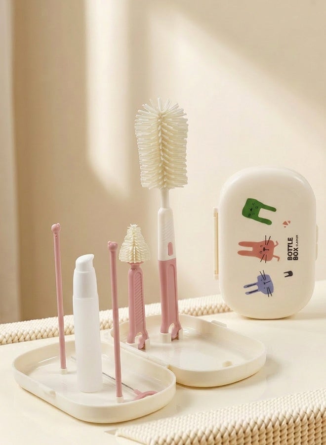 Portable Bottle Brush Cleaner Set, Travel Bottle Cleaner Kit for Baby with Silicone Bottle, Nipple and Straw Brush, Stirring Head, Soap Dispenser, Drying Rack and Storage Box, Pink - Image 1