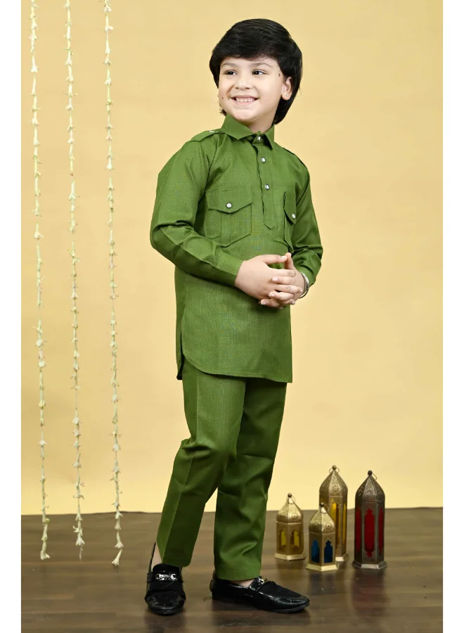 BT DEZINES Boys Mehandi Cotton Blend Kurta and Salwar Set