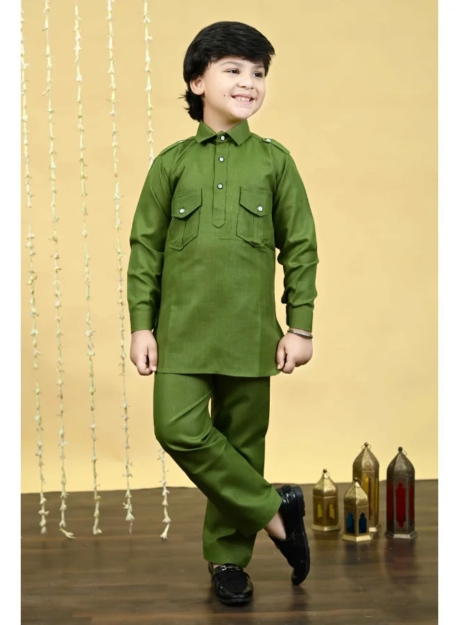 BT DEZINES Boys Mehandi Cotton Blend Kurta and Salwar Set
