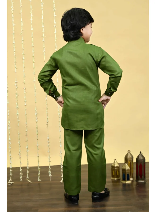 BT DEZINES Boys Mehandi Cotton Blend Kurta and Salwar Set