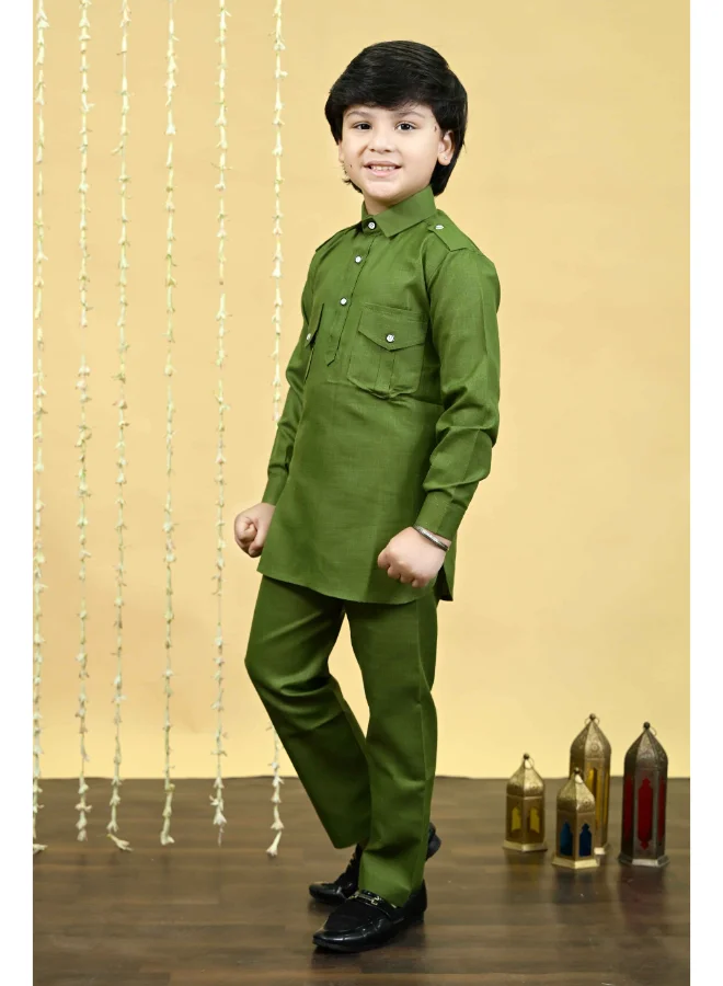 BT DEZINES Boys Mehandi Cotton Blend Kurta and Salwar Set