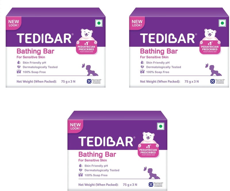 Tedibar Moisturising Baby Bathing Bar (75gx3) with Skin Friendly PH|100% Soap Free|Dermatologically Tested x Pack of 3 - Image 1