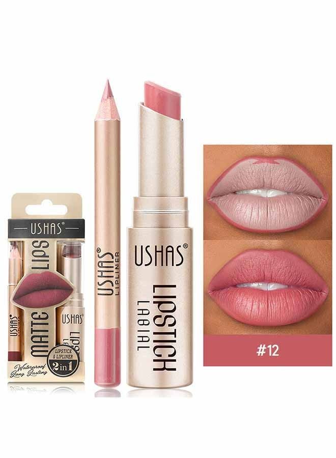 Ushas 2 Pcs Lipstick And Lip Liner Set Waterproof  Long Lasting Liquid Lipstick Set For Women (＃12) - Image 1