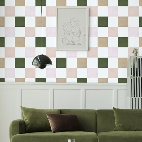 Ismoon Wall Paper Peel and Stick Modern Plaid Wallpaper 17.3" x 78.7" Green and White Mosaic Checkered Wallpaper Geometric Contact Paper for Bathroom Cabinets and Drawers Decor - Image 2