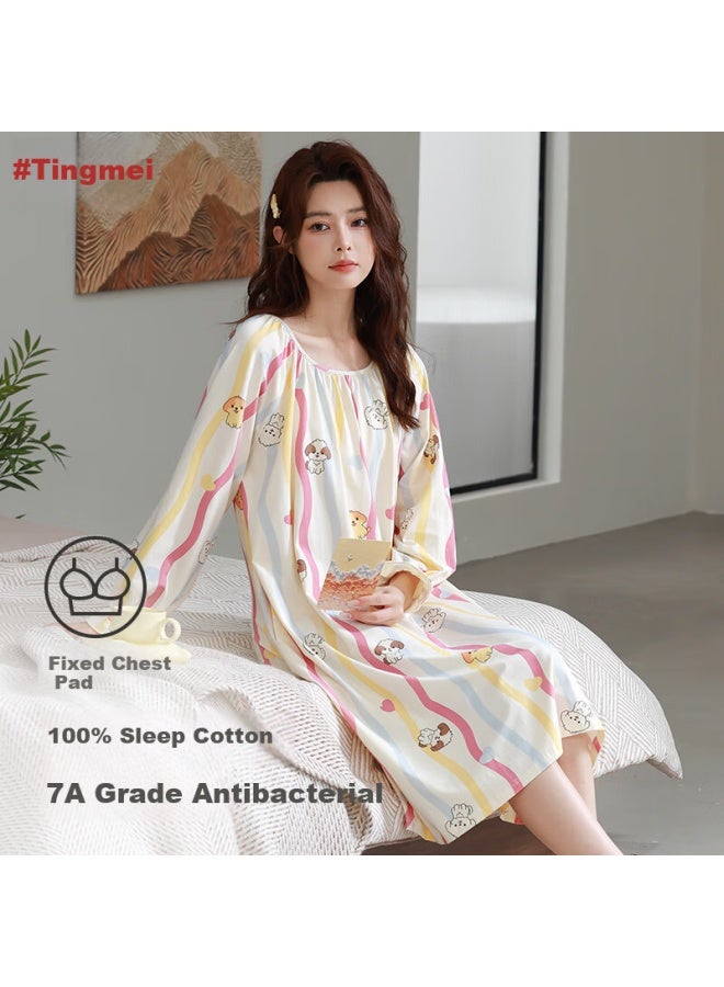 Gracewell Anti-mite Antibacterial Pure Cotton Nightgown Women With Chest Pad Medium And Long Dress Home Service Women's Pajamas XL - Image 1