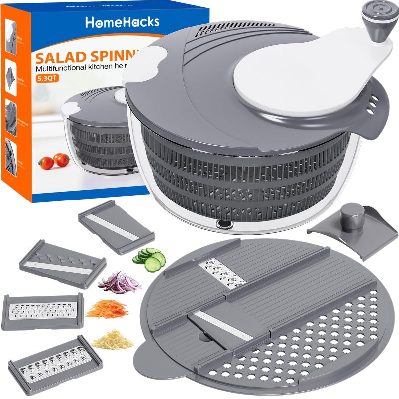 HomeHacks Salad Spinner Large Lettuce Spinner Large Fruit Cleaner with Double Drainage Holes 5 Chopping Blades High Efficiency for Kitchen Washing Drying Leafy Vegetables Easy Press Grey - Image 2