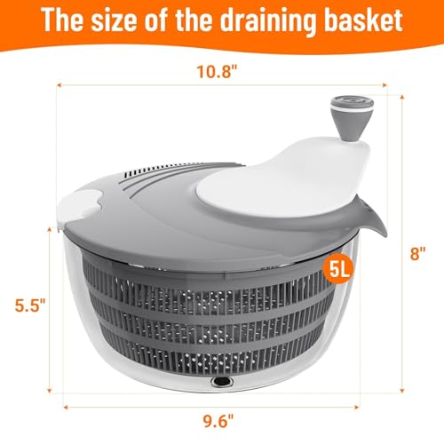 HomeHacks Salad Spinner Large Lettuce Spinner Large Fruit Cleaner with Double Drainage Holes 5 Chopping Blades High Efficiency for Kitchen Washing Drying Leafy Vegetables Easy Press Grey - Image 3