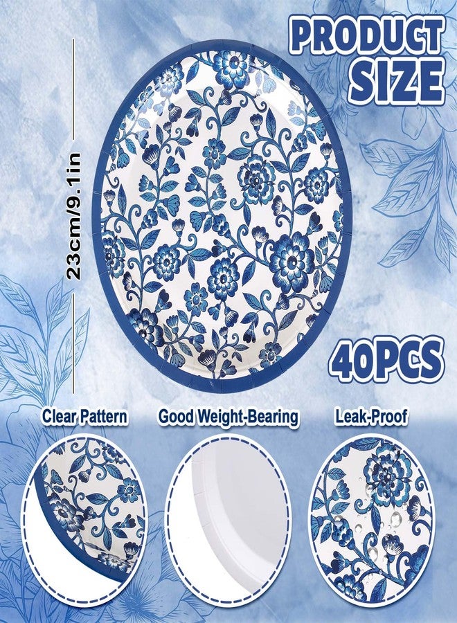 JarThenaAMCS 40Pcs Blue White Floral Paper Plates Chinoiserie Flowers Disposable Plates Spring Summer Decorative Tableware for Wedding Birthday Holiday Party Decor Supplies - Image 2