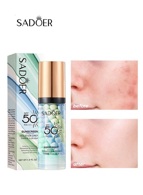 Isolation Cream Invisible Pore, Three Color Sunscreen lotion SPF50, Cover Acne Marks Contour Isolation Cream, Color Corrector,  Oil Control Moisturizing Make ​For All Skin Green 40g