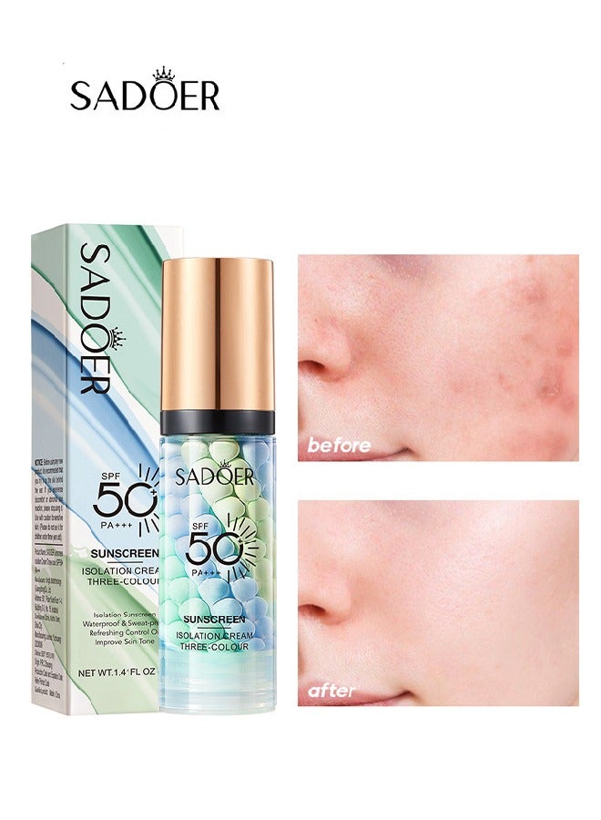 Isolation Cream Invisible Pore, Three Color Sunscreen lotion SPF50, Cover Acne Marks Contour Isolation Cream, Color Corrector,  Oil Control Moisturizing Make ​For All Skin Green 40g