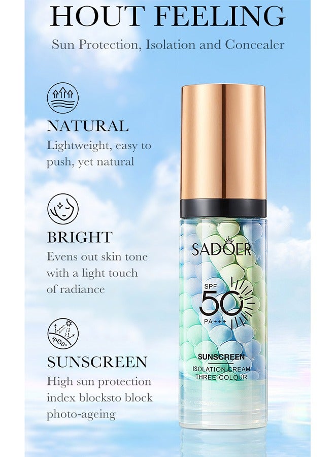 Isolation Cream Invisible Pore, Three Color Sunscreen lotion SPF50, Cover Acne Marks Contour Isolation Cream, Color Corrector,  Oil Control Moisturizing Make ​For All Skin Green 40g