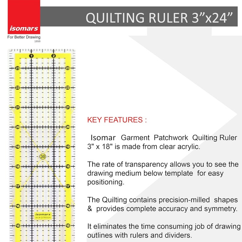 Isomars Garment Patchwork Quilting Ruler 3X24 Quilting Ruler for Fashion Designing - Image 3