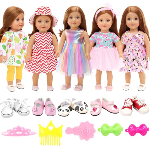 BARWA 18 inch Doll Clothes and Accessories 5 Sets Clothes Dress Outfits with 2 Pairs Shoes for 18 Inch Dolls - Image 1