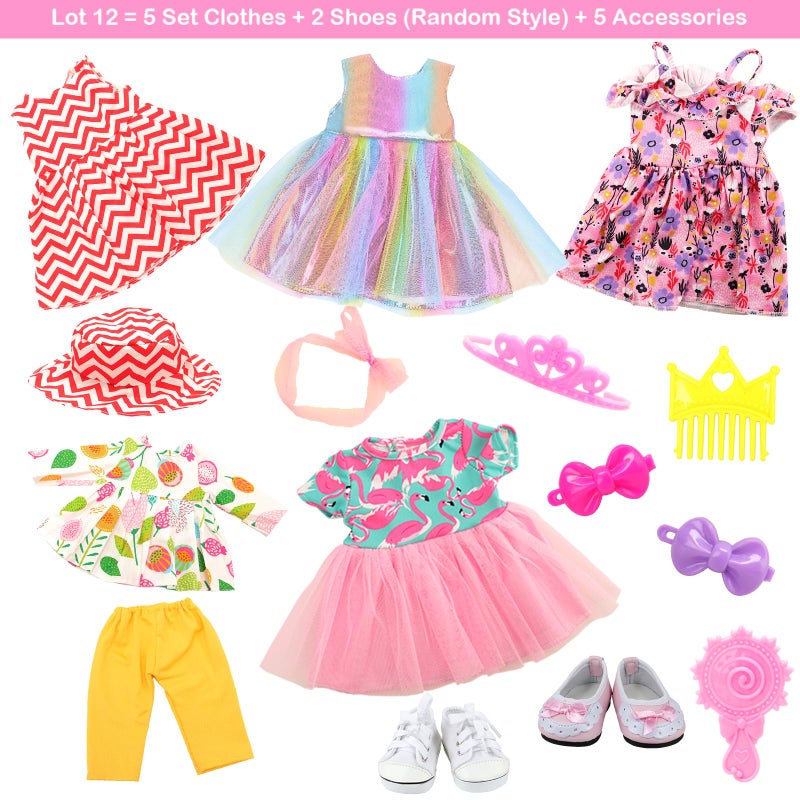 BARWA 18 inch Doll Clothes and Accessories 5 Sets Clothes Dress Outfits with 2 Pairs Shoes for 18 Inch Dolls - Image 3