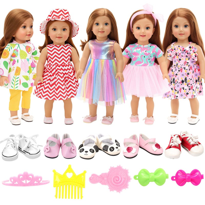 BARWA 18 inch Doll Clothes and Accessories 5 Sets Clothes Dress Outfits with 2 Pairs Shoes for 18 Inch Dolls - Image 2