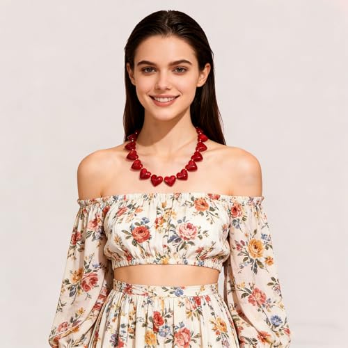 YUJIE Red Heart Choker Necklace for Women, Stylish Acrylic Statement Necklace, Cute Love Heart Pendant Necklace for Christmas - Image 2