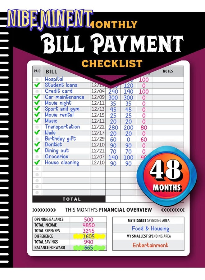 NIBEMINENT Monthly Bill Payment Checklist: Bill Tracker Notebook, The 4-Year Guide for Families & Money Managers, 960 Billing Records Included!  - Image 1