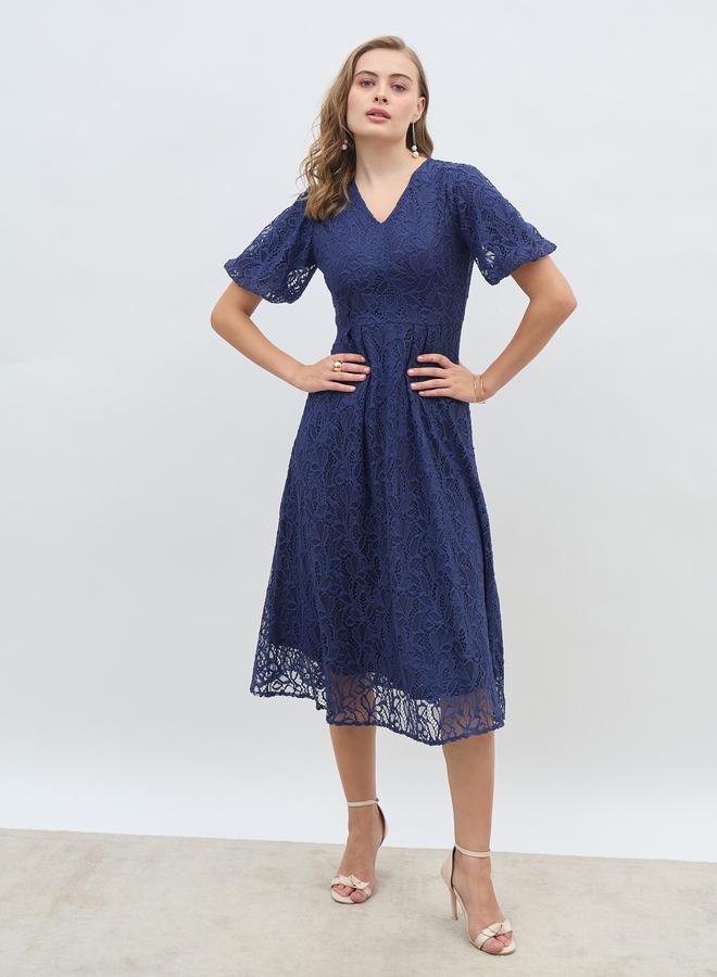 Styli Styli Solid Lace Balloon Sleeves A-Line Midi Dress  - Image 2