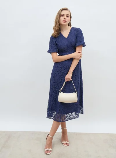 Styli Solid Lace Balloon Sleeves A-Line Midi Dress