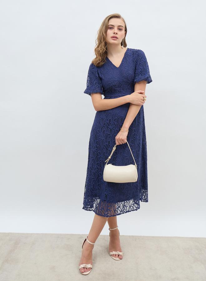 Styli Styli Solid Lace Balloon Sleeves A-Line Midi Dress  - Image 1