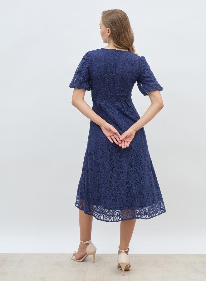 Styli Styli Solid Lace Balloon Sleeves A-Line Midi Dress  - Image 5