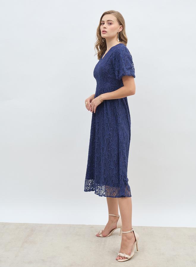 Styli Styli Solid Lace Balloon Sleeves A-Line Midi Dress  - Image 3