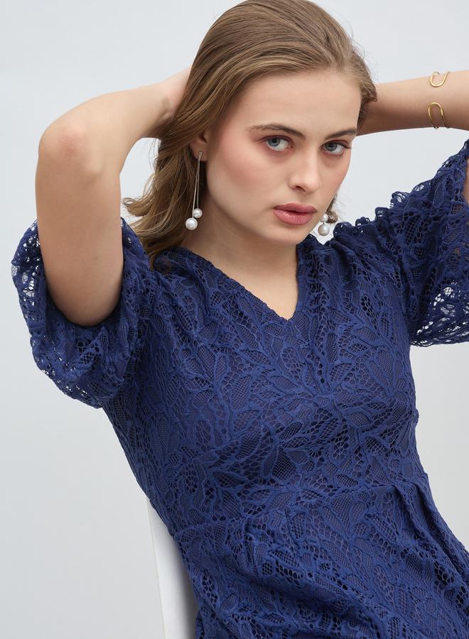Styli Styli Solid Lace Balloon Sleeves A-Line Midi Dress  - Image 4