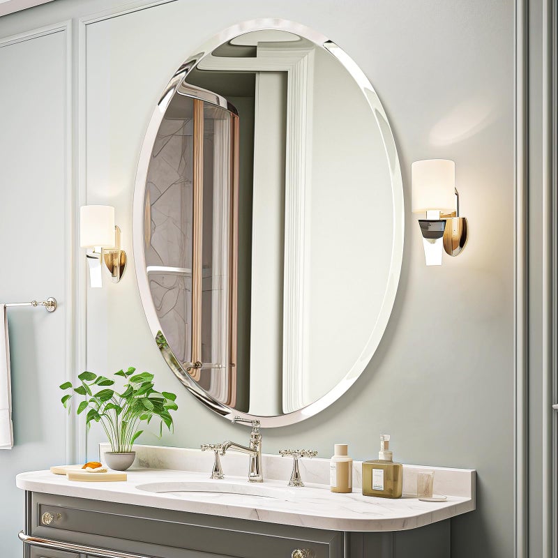 USHOWER Bathroom Mirror for Over Sink 24x36 Inch Oval Frameless Mirror Beveled and Polished Decorative Wall Mirror for Bathroom Bedroom Vanity Entryway Modern and Elegant