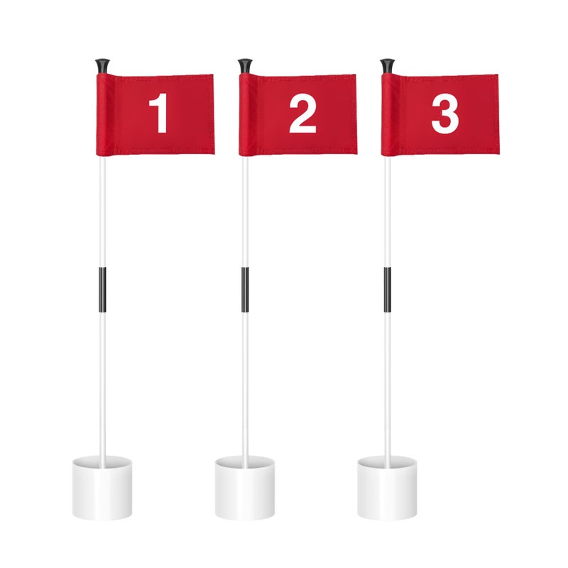 KINGTOP Miniature Golf Flagstick Practice Putting Green Flags for Yard Golf Pin Flag Hole Cup Set 3ft White Flagpole Indoor Outdoor Red Flag Numbered 1 2 3 3Pack