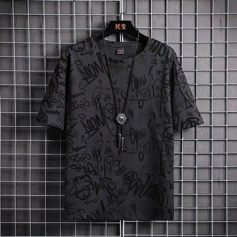 Work wear 9.9 Special graffiti short sleeve T-shirt mens loose summer ice silk half sleeve plus size top clothes 082-dark gray  - Image 1