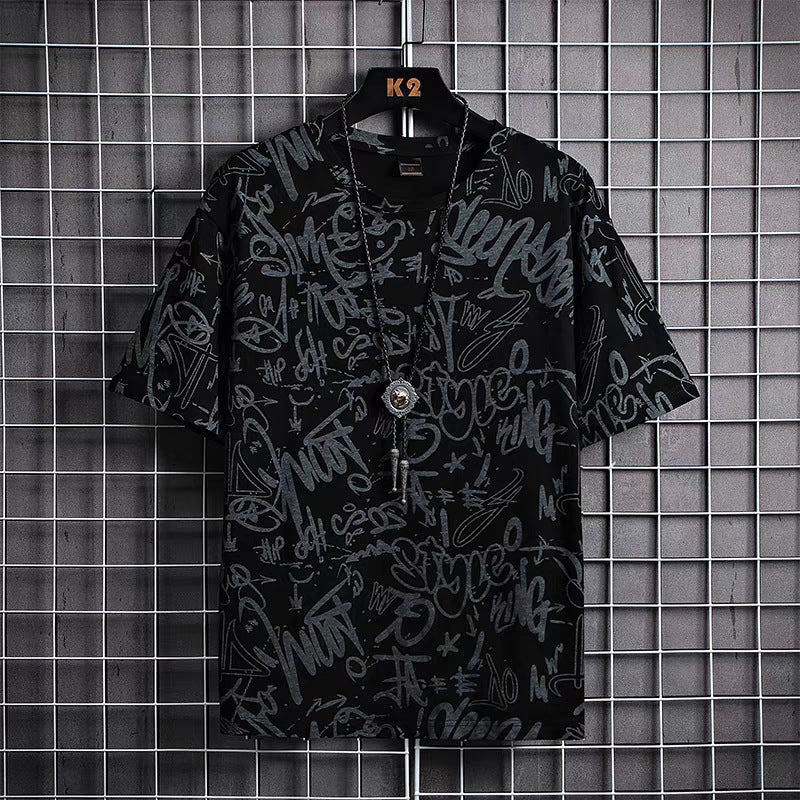Work wear 9.9 Special graffiti short sleeve T-shirt mens loose summer ice silk half sleeve plus size top clothes 082-dark gray  - Image 2
