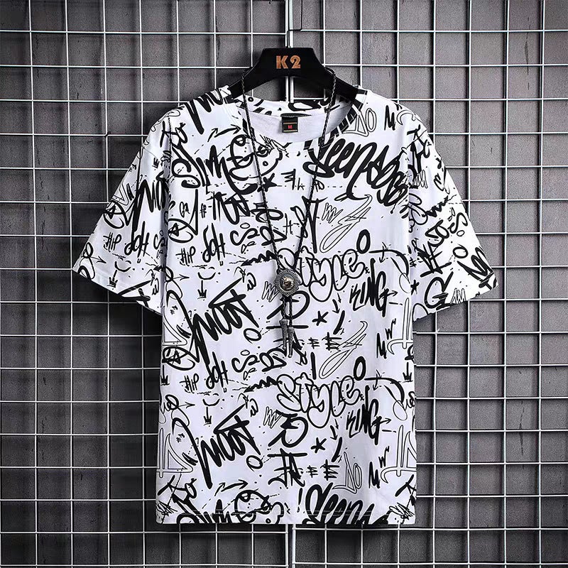 Work wear 9.9 Special graffiti short sleeve T-shirt mens loose summer ice silk half sleeve plus size top clothes 082-dark gray  - Image 3