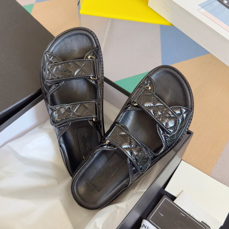 New Leather Magic Strap Womens Slippers Black Gold Label