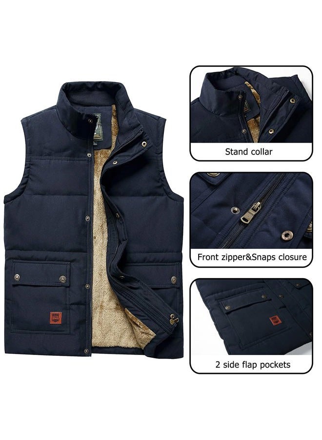 Vcansion Men's Outdoor Casual Stand Collar Thicken Qulited Fleece Jacket Vest Padded Vest Lightweight Down Cotton Vest Coat Khaki US L - Image 3
