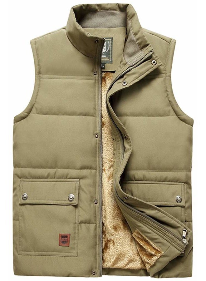 Vcansion Men's Outdoor Casual Stand Collar Thicken Qulited Fleece Jacket Vest Padded Vest Lightweight Down Cotton Vest Coat Khaki US L - Image 1