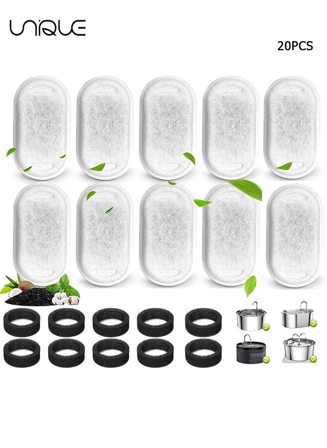 Unique 20 PCS Cat Water Fountain Filter - 10 Pack Cat Fountain Filter Replacement with 10 Sponges - for 108oz/3.2L & 67oz/2L Stainless Steel Pet Water Dispenser  - Image 1