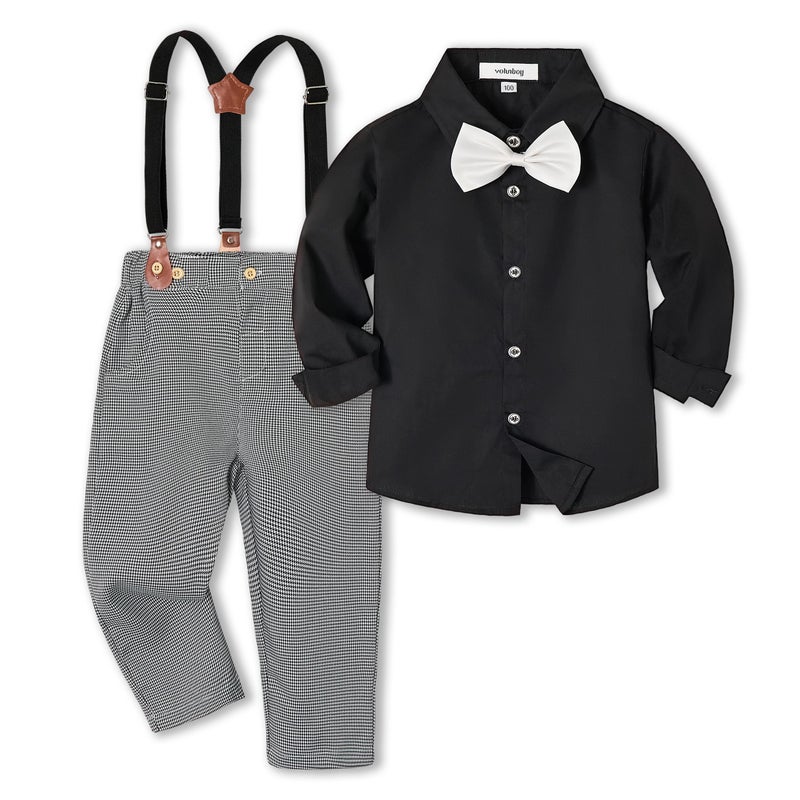 Volunboy Boys Clothes Set Toddler Wedding Gentlemen Formal Suits Long Sleeve Bow Tie Shirts Suspenders Pants Outfits (Black, 18-24 Months) - Image 1