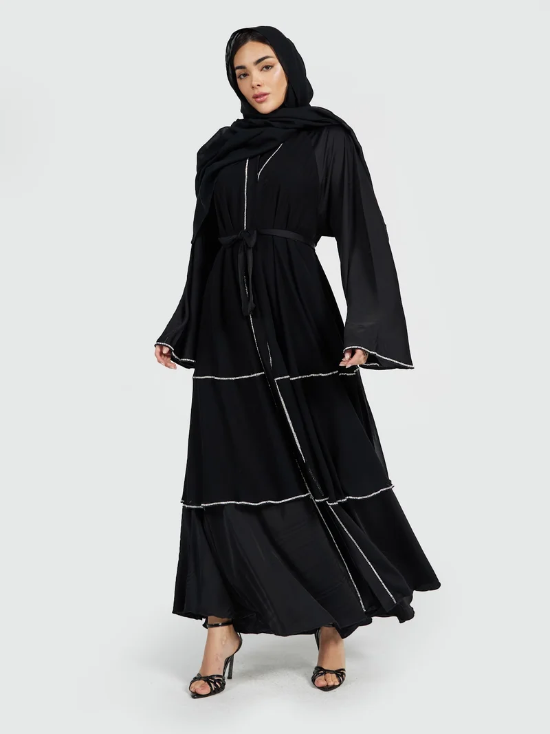 Reem Abayas Black Multi-Tiered Abaya with Silver Accents