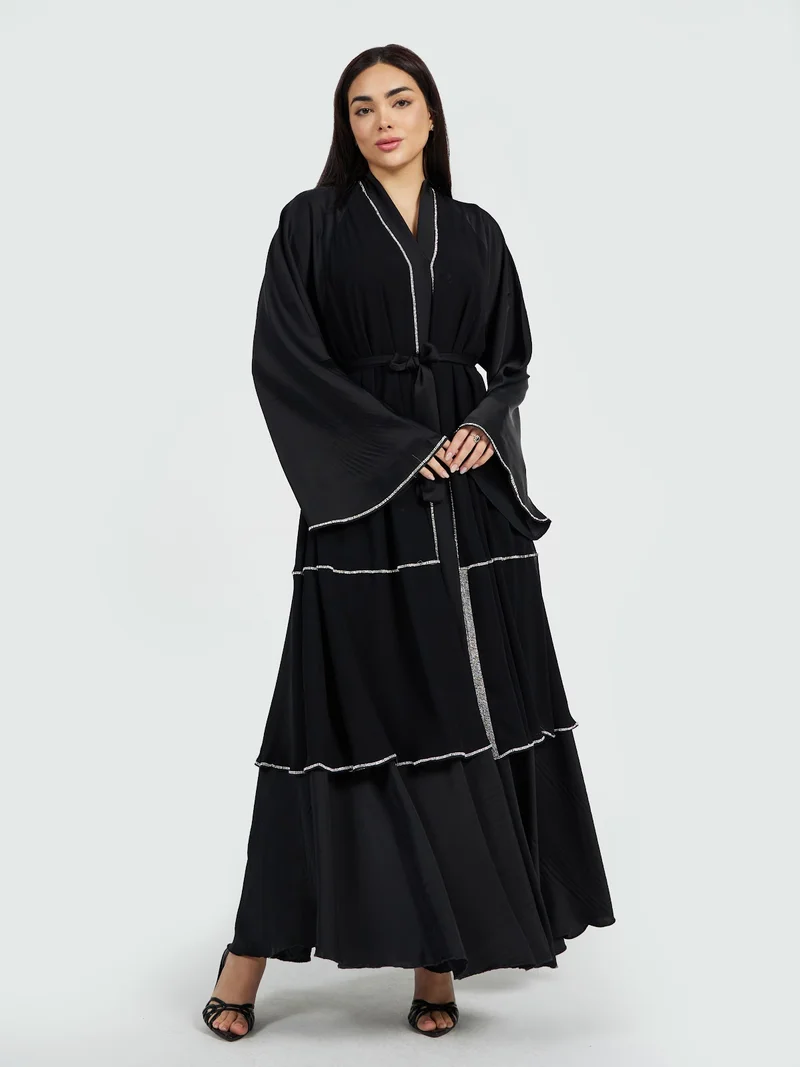 Reem Abayas Black Multi-Tiered Abaya with Silver Accents