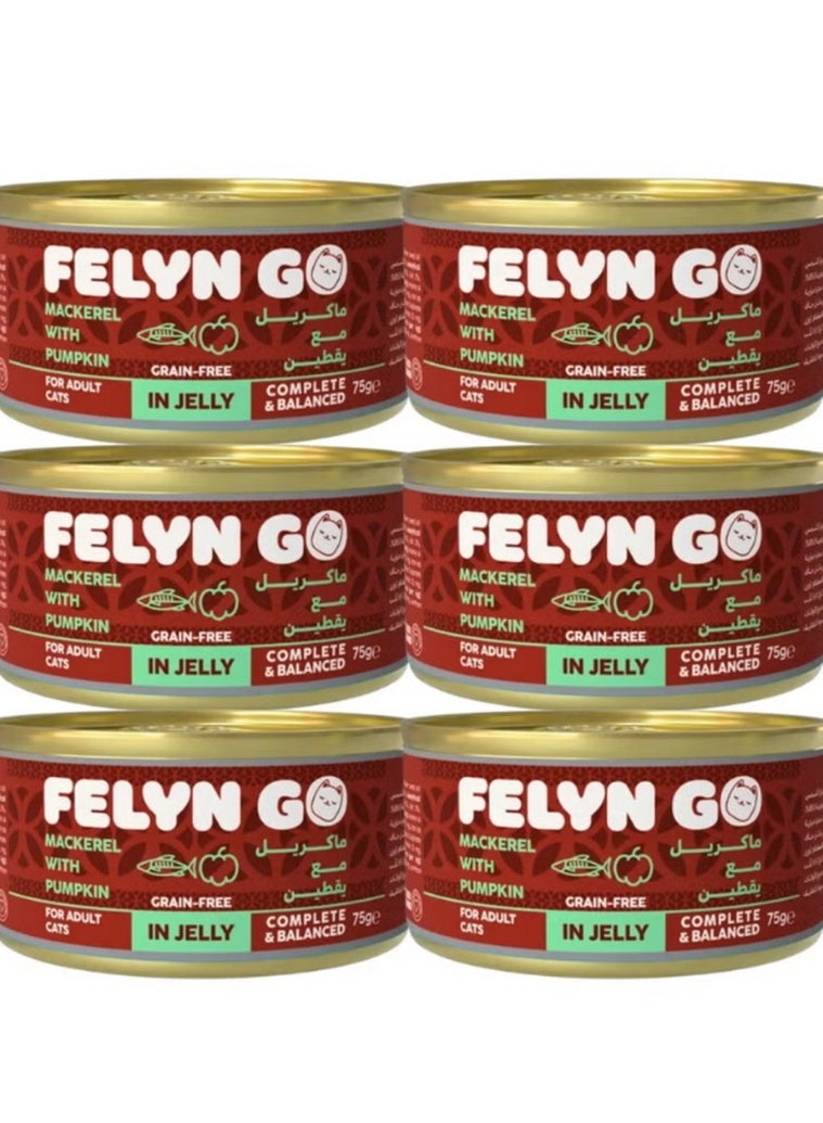 Felyn GO Premium Mackerel with Pumpkin Wet Food for Adult Cats in Jelly – High-Protein Fish Formula with Digestive Support, Grain-Free – Complete & Balanced Nutrition – 75g Cans (Pack of 6) - Image 1